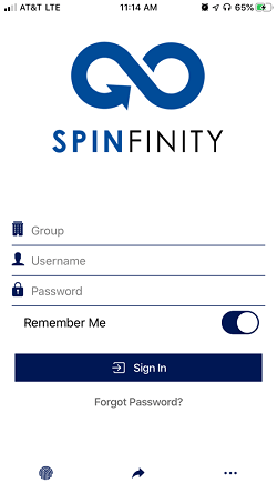 screenshot of spinfinity login page