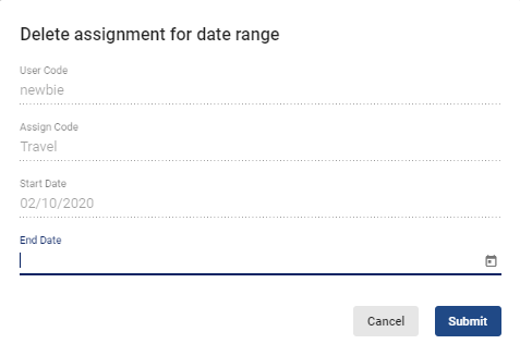 screenshot of delete assignment for date range box